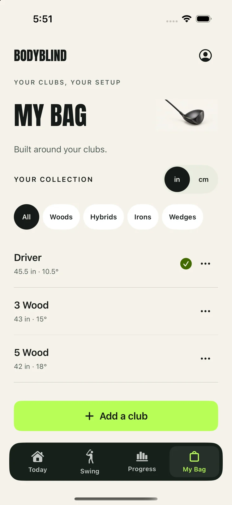 BodyBlind My Bag screen showing club filters, specifications, and Add a club