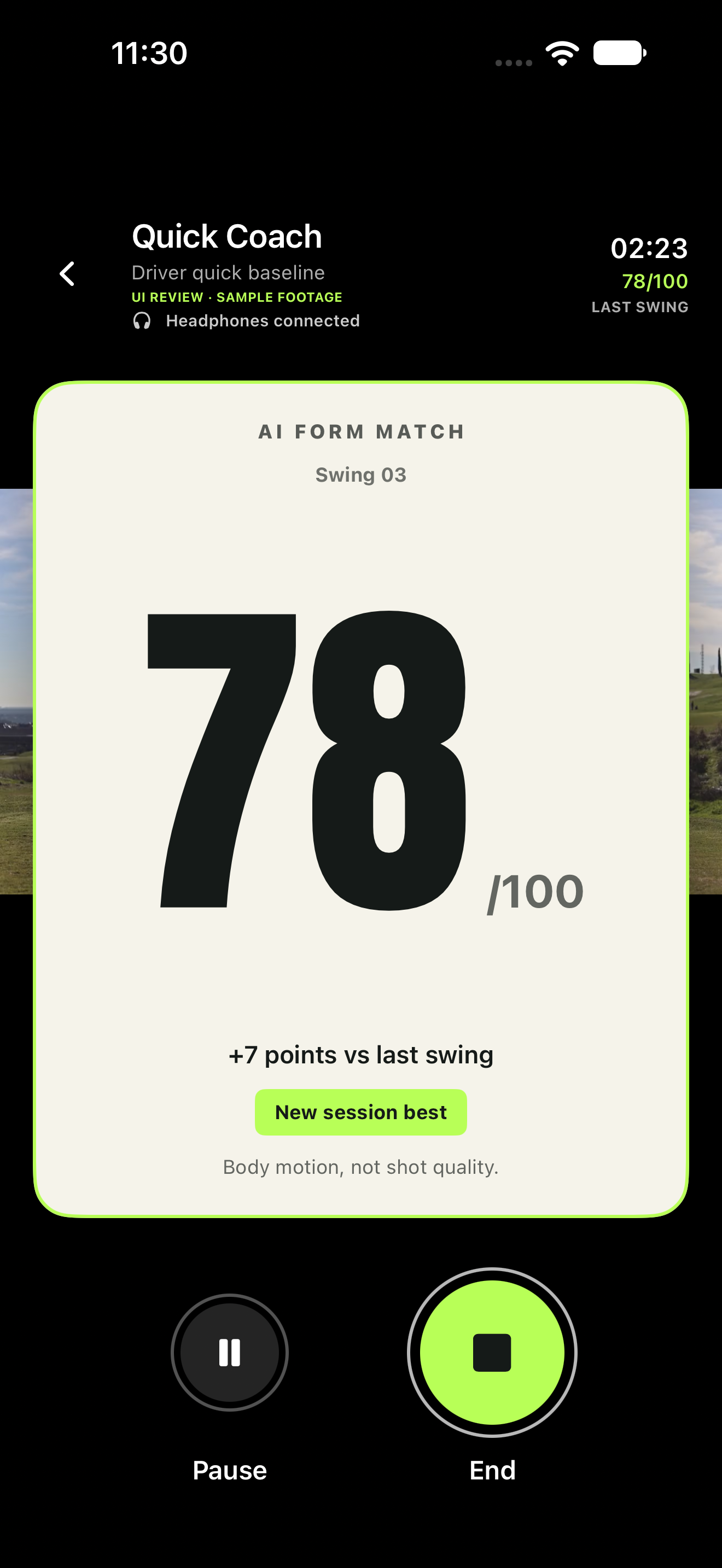 BodyBlind native score card with a simulated form score of 78 and automatic replay feedback