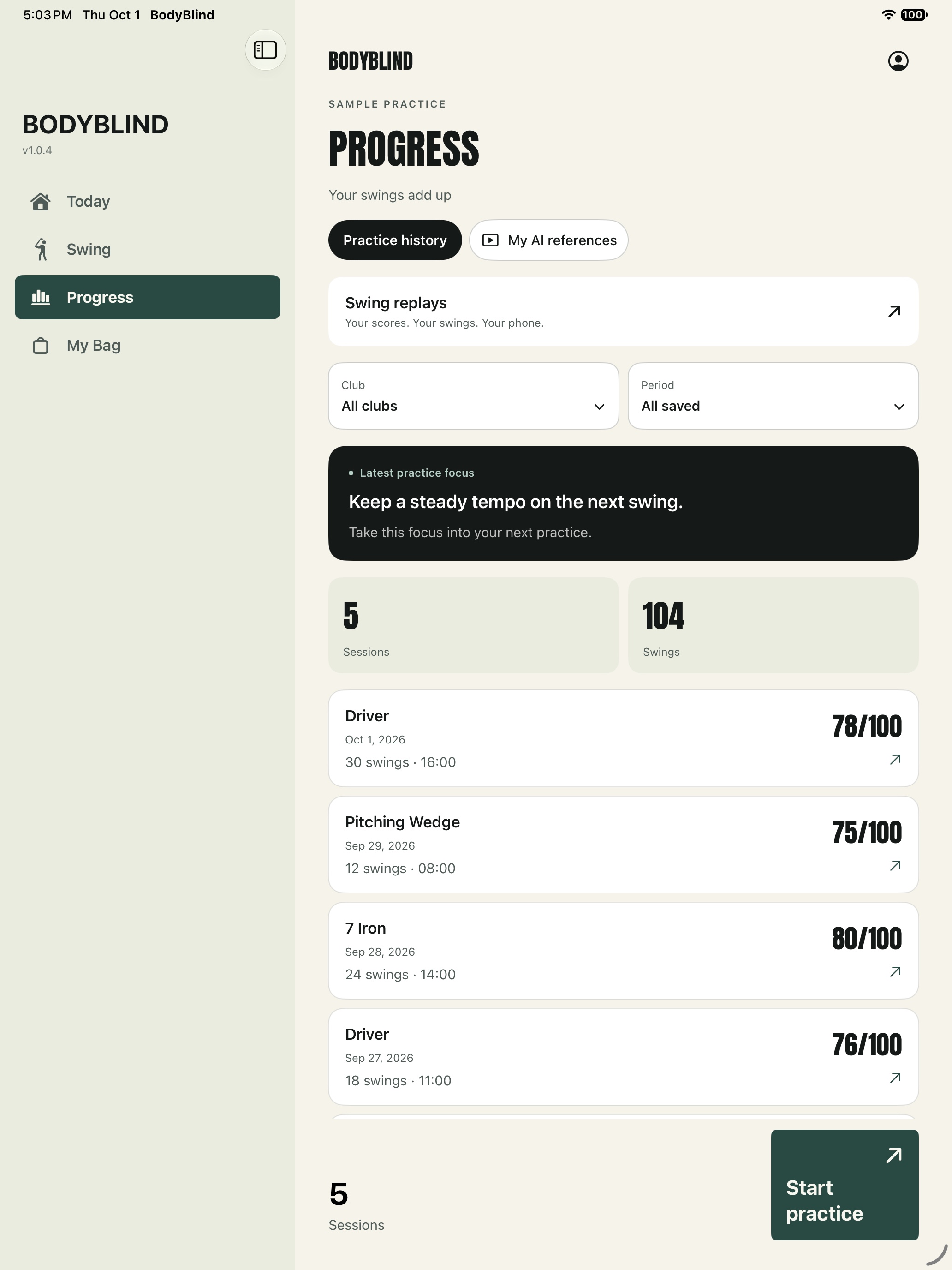 BodyBlind Progress on iPad showing sample practice sessions, club filters and saved form-match scores