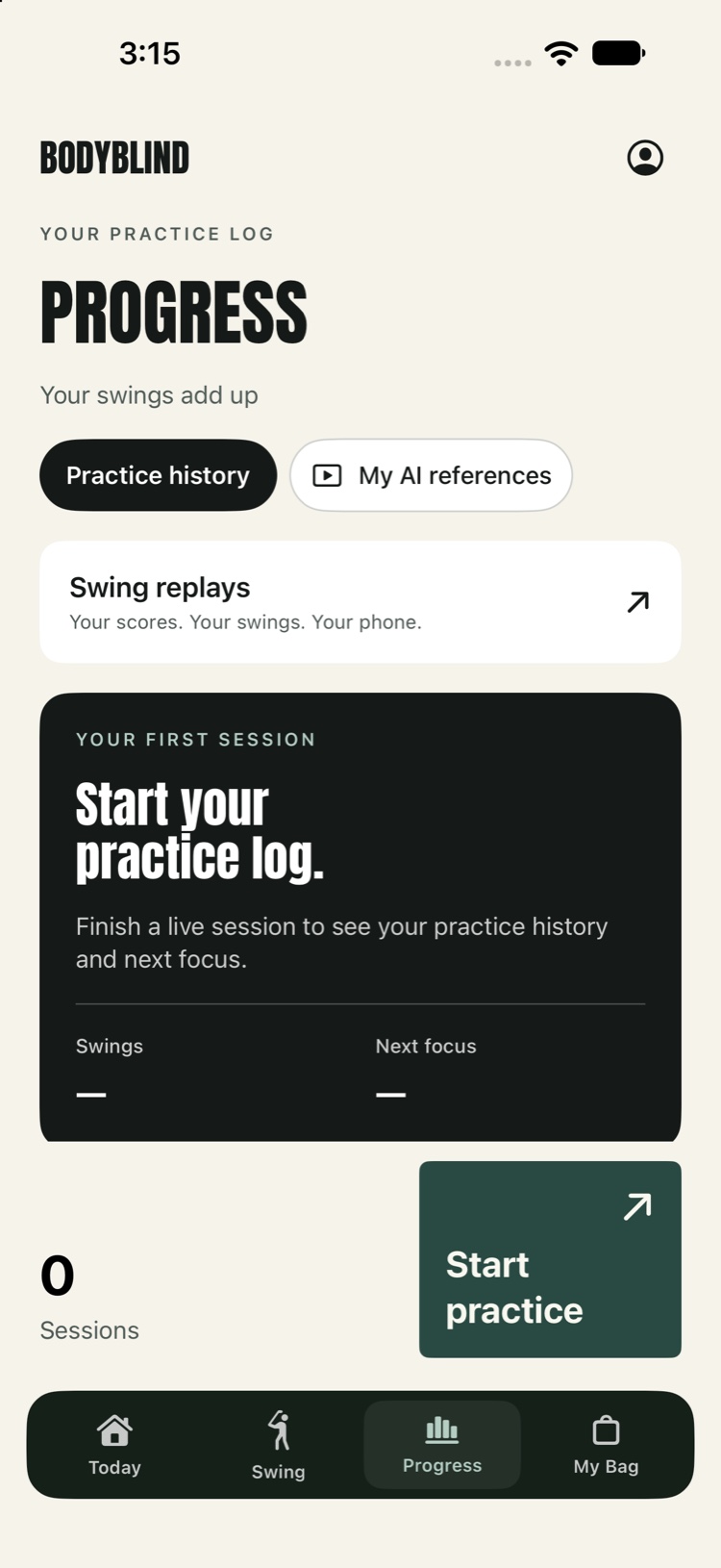 BodyBlind Progress screen before the first saved practice session