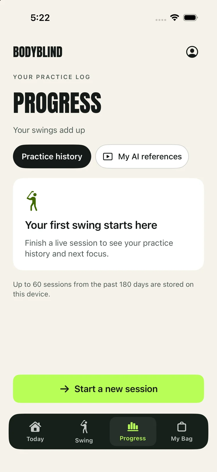 BodyBlind Progress screen before the first saved practice session