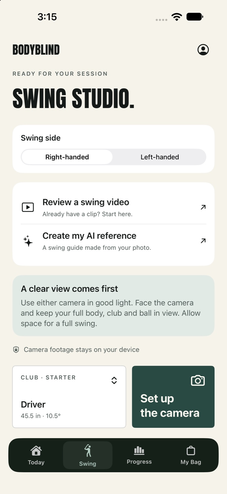 BodyBlind Swing Studio screen with swing side, video review, AI reference, and live coach actions
