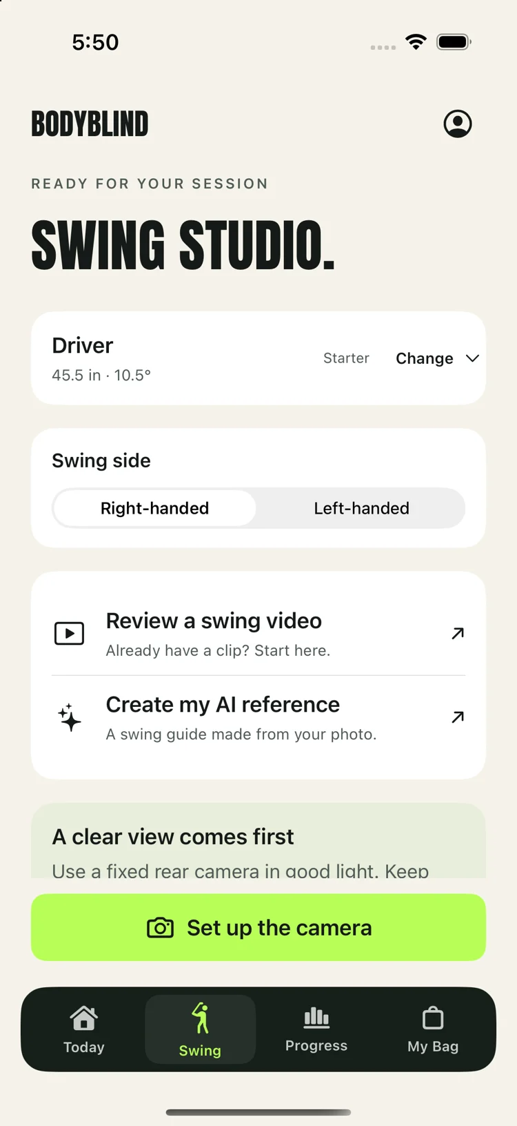 BodyBlind Swing Studio screen with swing side, video review, AI reference, and live coach actions